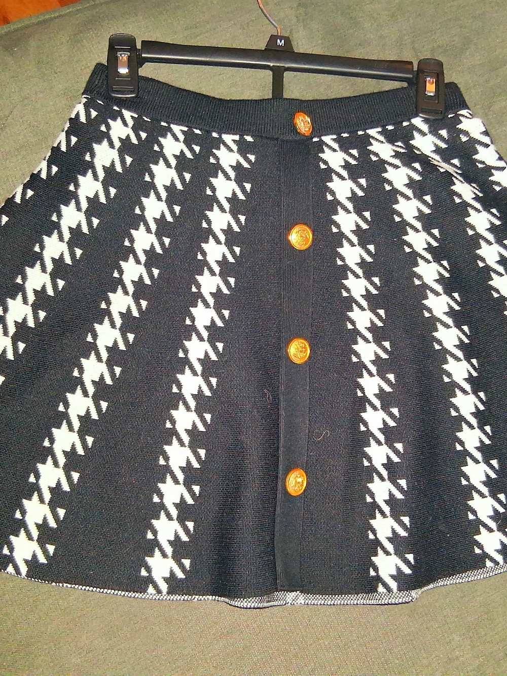 Classic Black & White Houndstooth A-Line Skirt with Gold Buttons